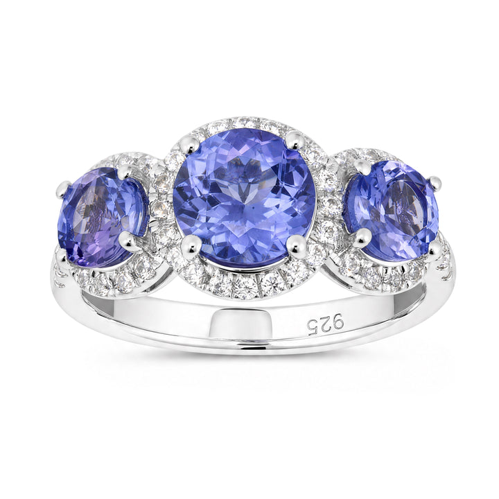 Natural Tanzanite Three-Stone Halo Trilogy Ring in Rhodium-Plated 925 Sterling Silver - Natural Tanzanite Three-Stone Halo Trilogy Ring in Rhodium-Plated 925 Sterling Silver
