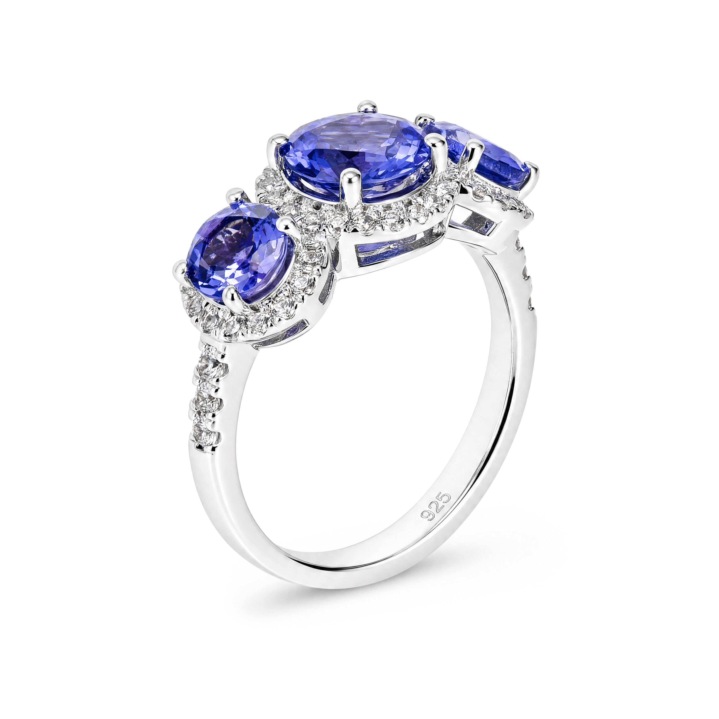 Natural Tanzanite Three-Stone Halo Trilogy Ring in Rhodium-Plated 925 Sterling Silver