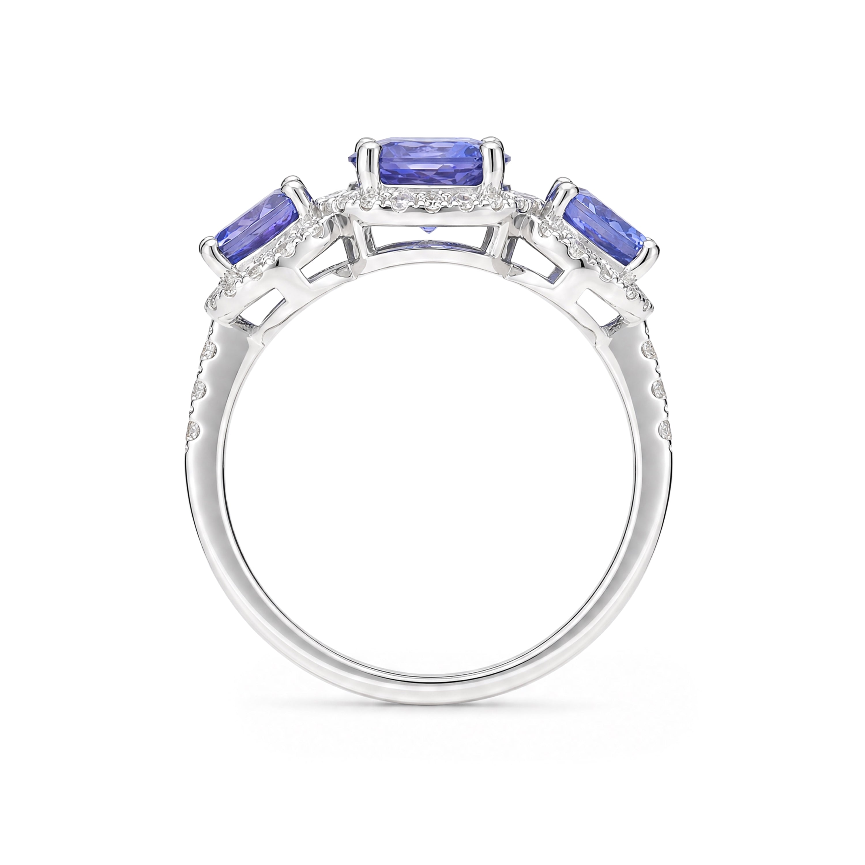 Natural Tanzanite Three-Stone Halo Trilogy Ring in Rhodium-Plated 925 Sterling Silver