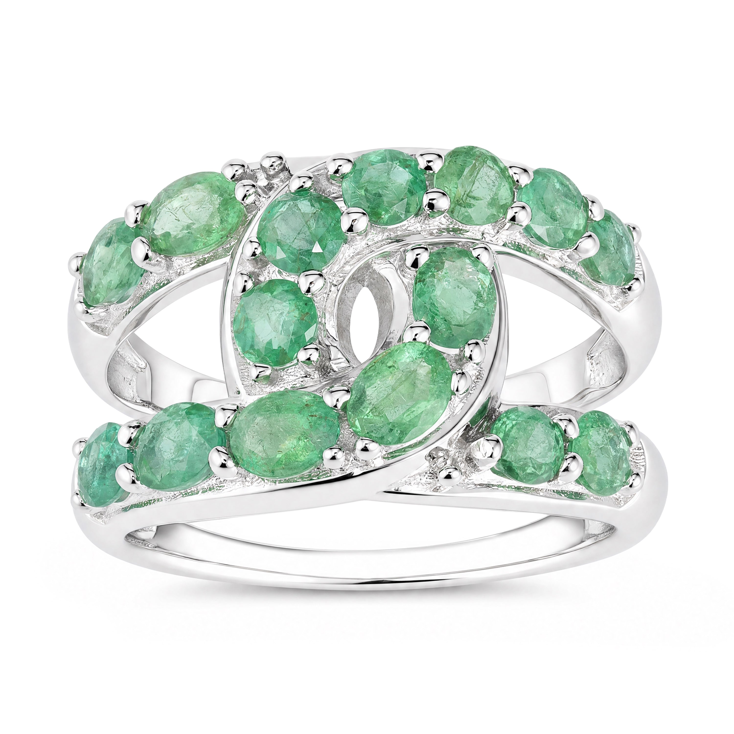 Natural Untreated Emerald Criss-Cross Ring in Rhodium-Plated 925 Sterling Silver