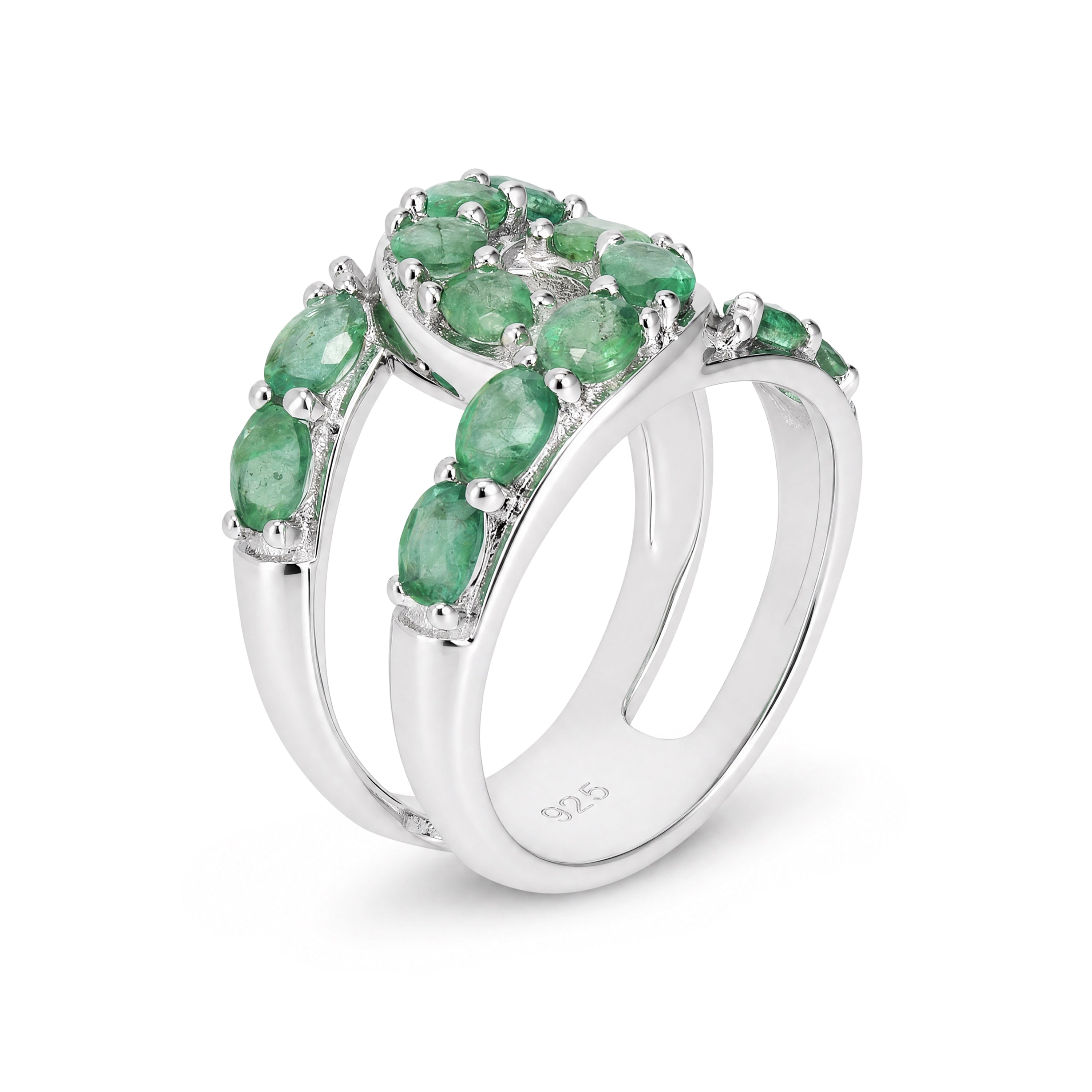 Natural Untreated Emerald Criss-Cross Ring in Rhodium-Plated 925 Sterling Silver