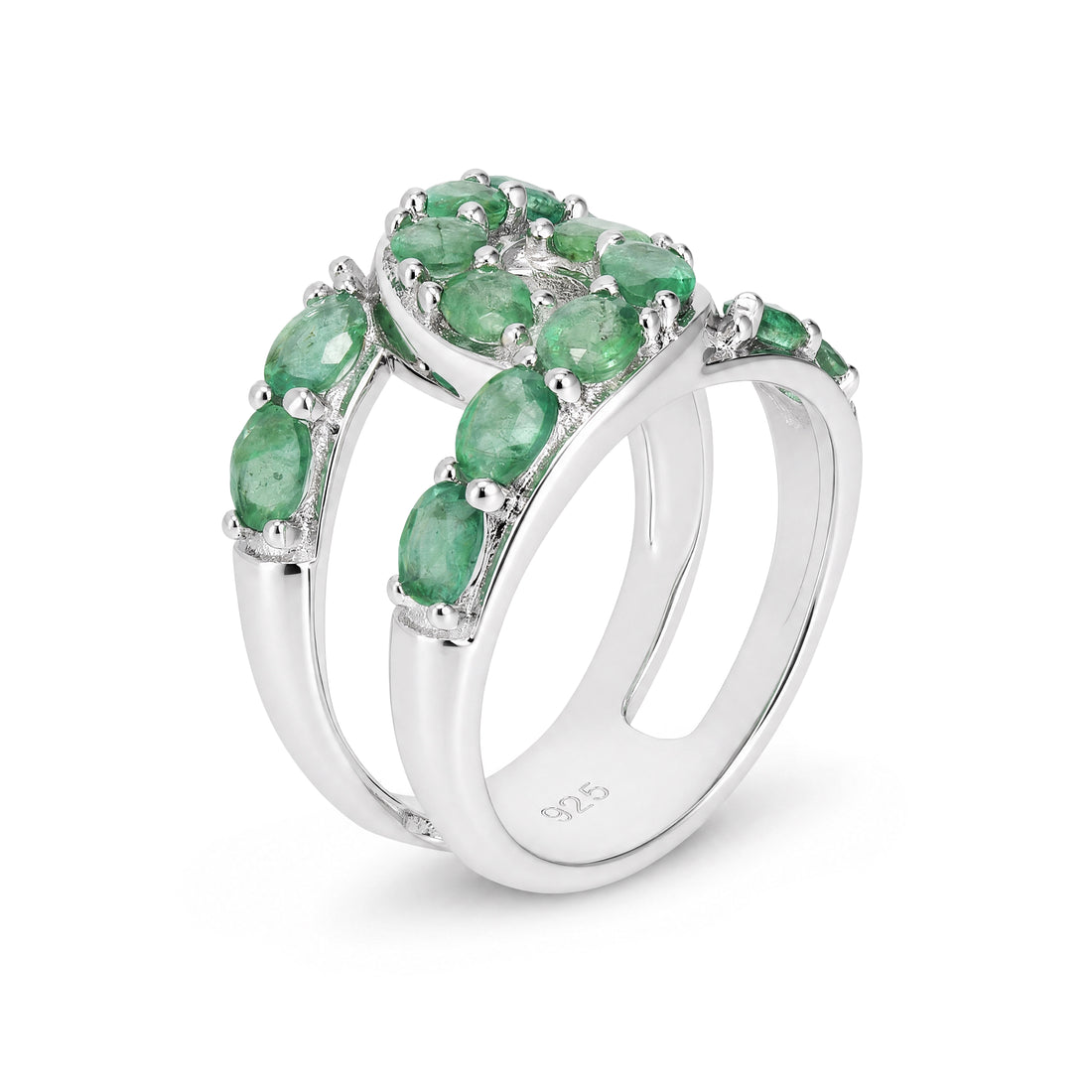 Natural Untreated Emerald Criss-Cross Ring in Rhodium-Plated 925 Sterling Silver