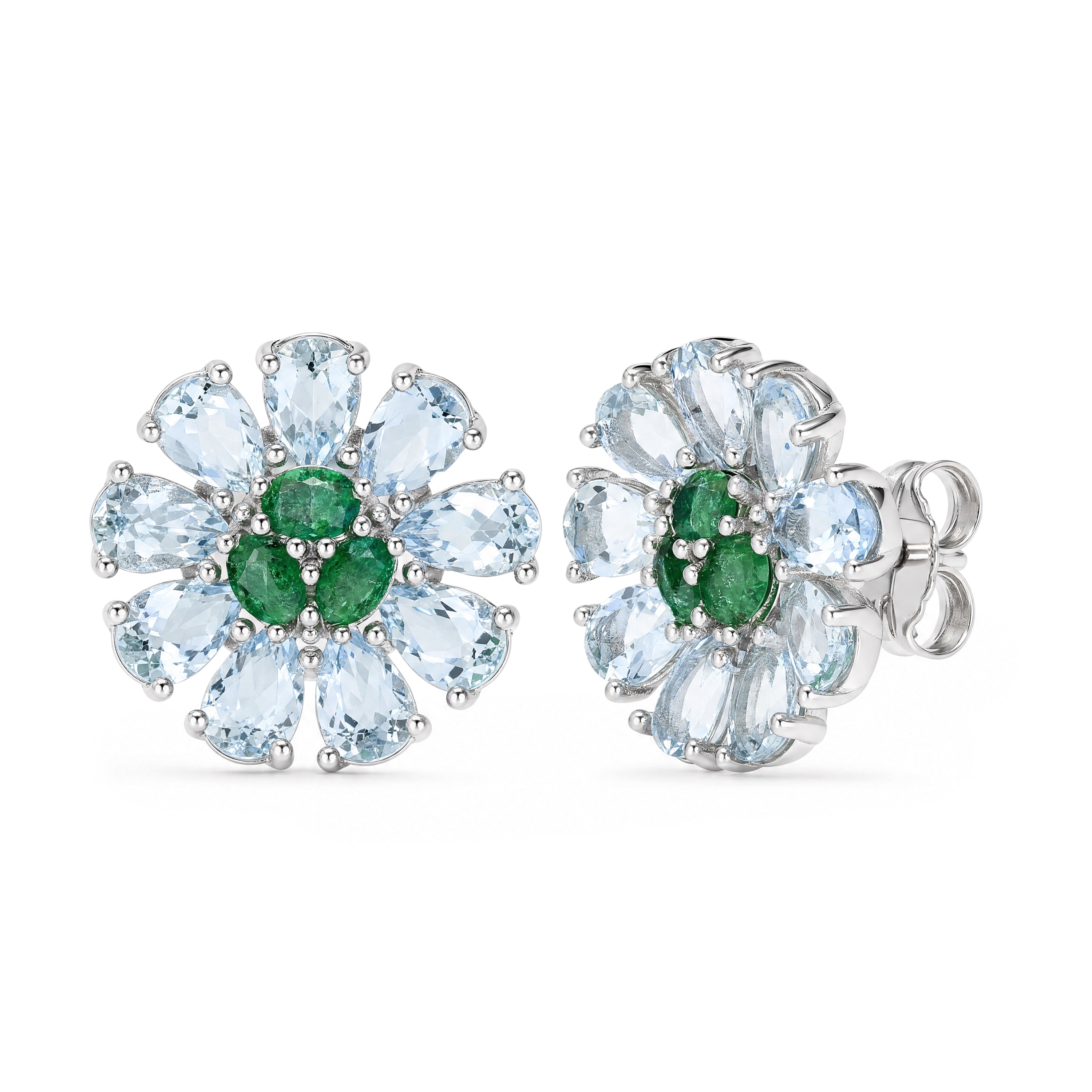 Natural Aquamarine & Emerald Drop Earrings in 925 Sterling Silver
