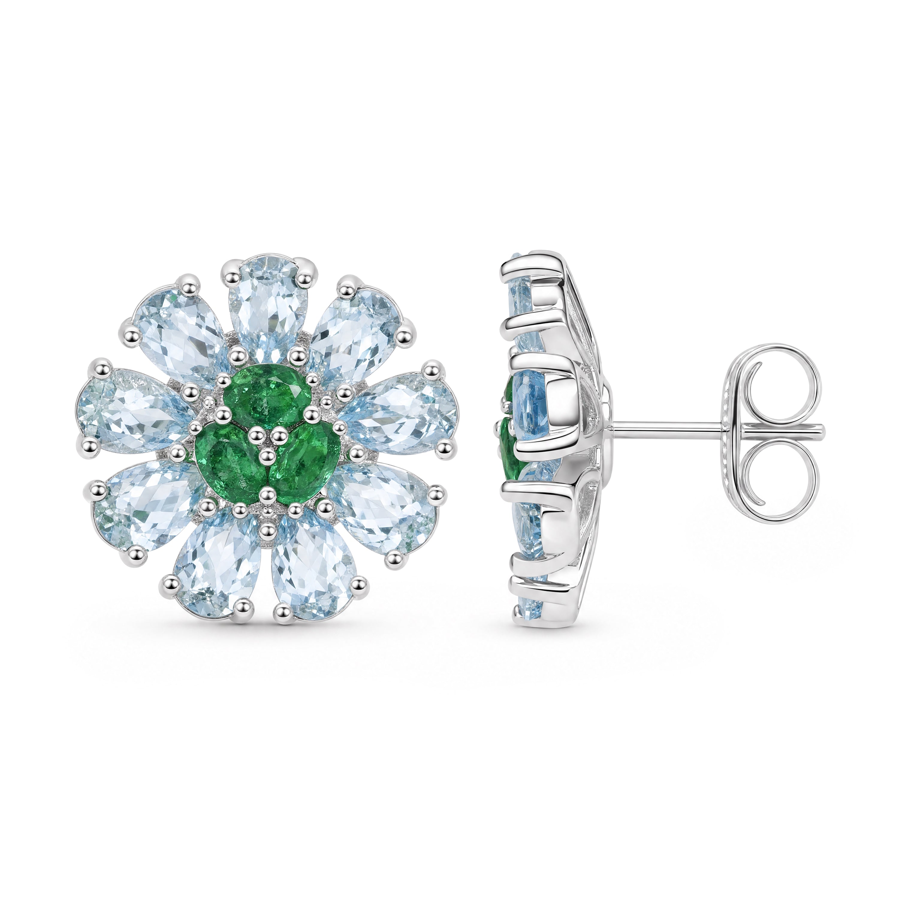 Natural Aquamarine & Emerald Drop Earrings in 925 Sterling Silver