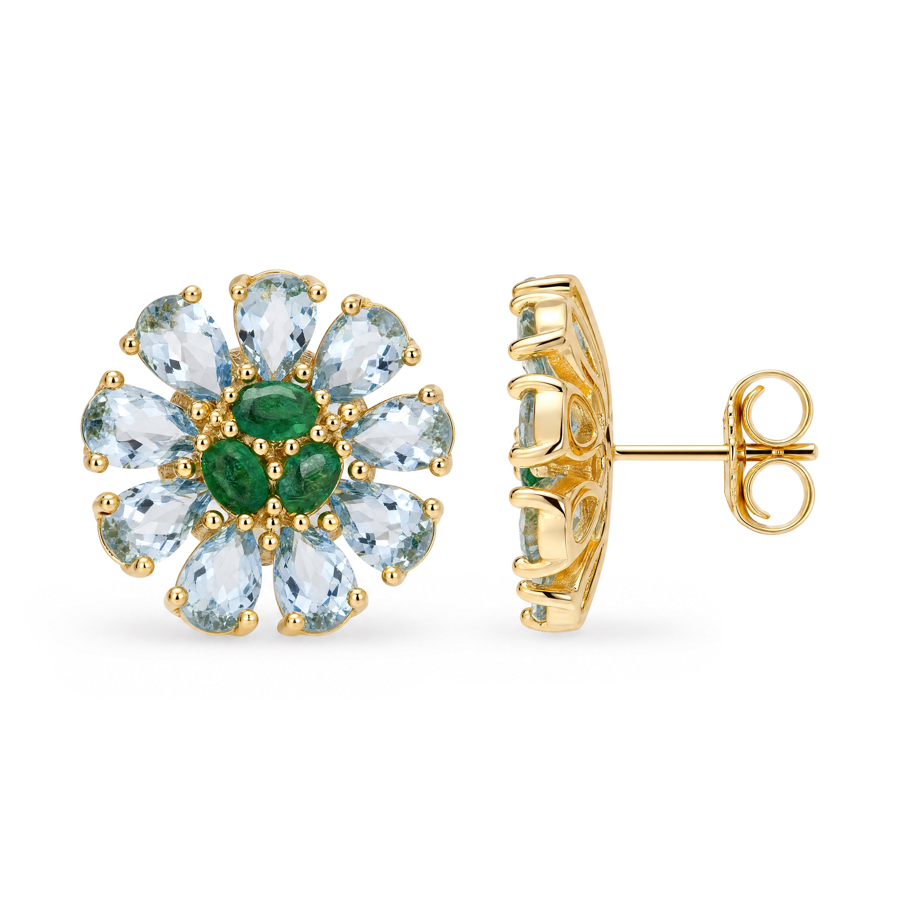 Natural Aquamarine & Emerald Statement Earrings in 18K Gold Plated Sterling Silver