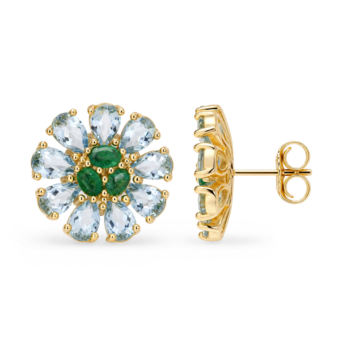 Natural Aquamarine & Emerald Statement Earrings in 18K Gold Plated Sterling Silver
