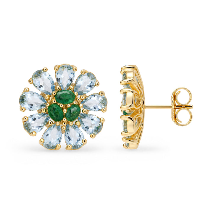 Natural Aquamarine & Emerald Statement Earrings in 18K Gold Plated Sterling Silver