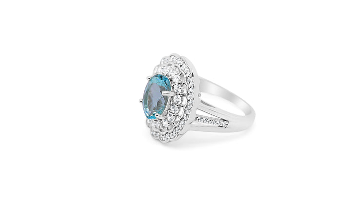 Oval Aquamarine Cluster Double Halo Cocktail Silver Ring For Womens