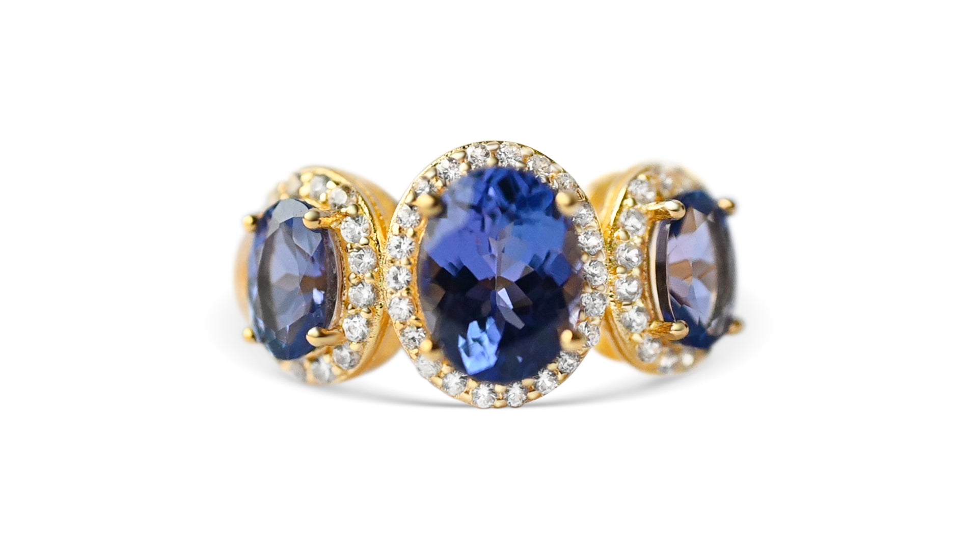 Natural Tanzanite Ring with Oval 8×6 mm Center Stone in 925 Metal, 18K Yellow-Gold Plated