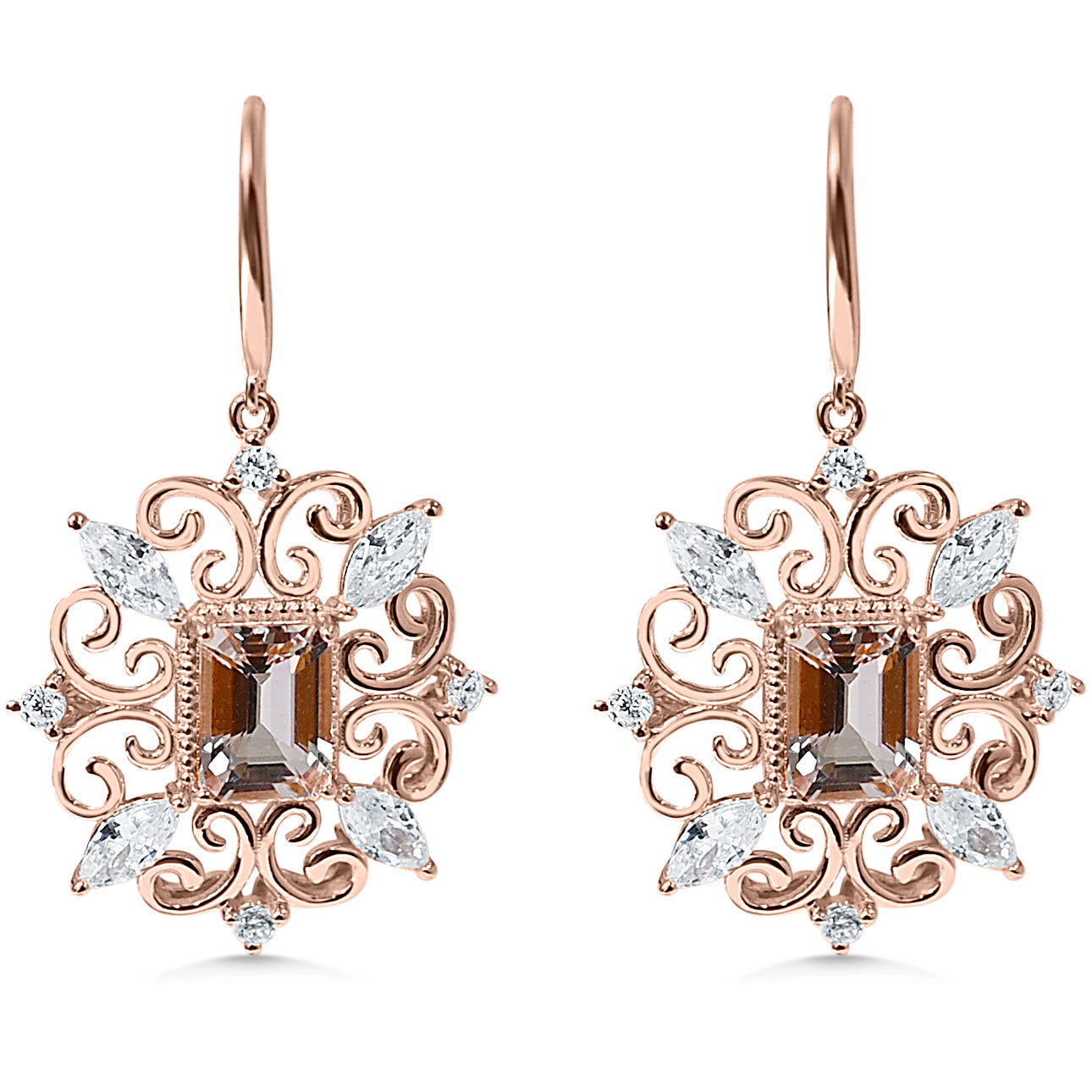 Pear Pink Morganite and Round & marquise White CZ 18K 1MM Rose Metal Plated 925 Sterling Silver 2.235 Cts / 3.25 Gm Earring PJC19313E - Bluestargemstones - - 