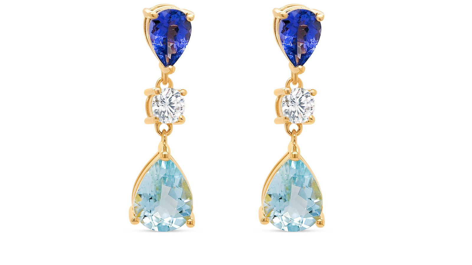 Pear Shape Aquamarine, Tanzanite and White Round CZ / 18 Gold Plated 925 Sterling Silver 8.24 Cts / 2.78 Gm Earring PJC31632E - Bluestargemstones - - 