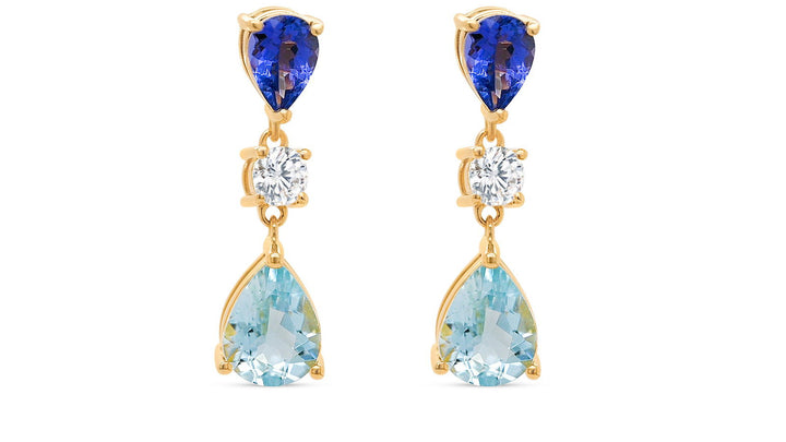 Pear Shape Aquamarine, Tanzanite and White Round CZ / 18 Gold Plated 925 Sterling Silver 8.24 Cts / 2.78 Gm Earring PJC31632E - Bluestargemstones - -  - Pear Shape Aquamarine, Tanzanite and White Round CZ / 18 Gold Plated 925 Sterling Silver 8.24 Cts / 2.78 Gm Earring PJC31632E