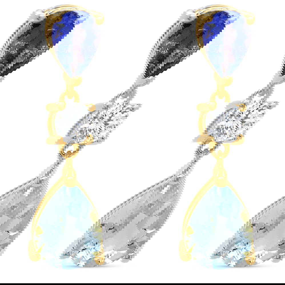 Pear Shape Aquamarine, Tanzanite and White Round CZ / 18 Gold Plated 925 Sterling Silver 8.24 Cts / 2.78 Gm Earring PJC31632E - Bluestargemstones - - 