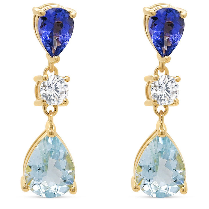 Pear Shape Aquamarine, Tanzanite and White Round CZ / 18 Gold Plated 925 Sterling Silver 8.24 Cts / 2.78 Gm Earring PJC31632E - Bluestargemstones - - 