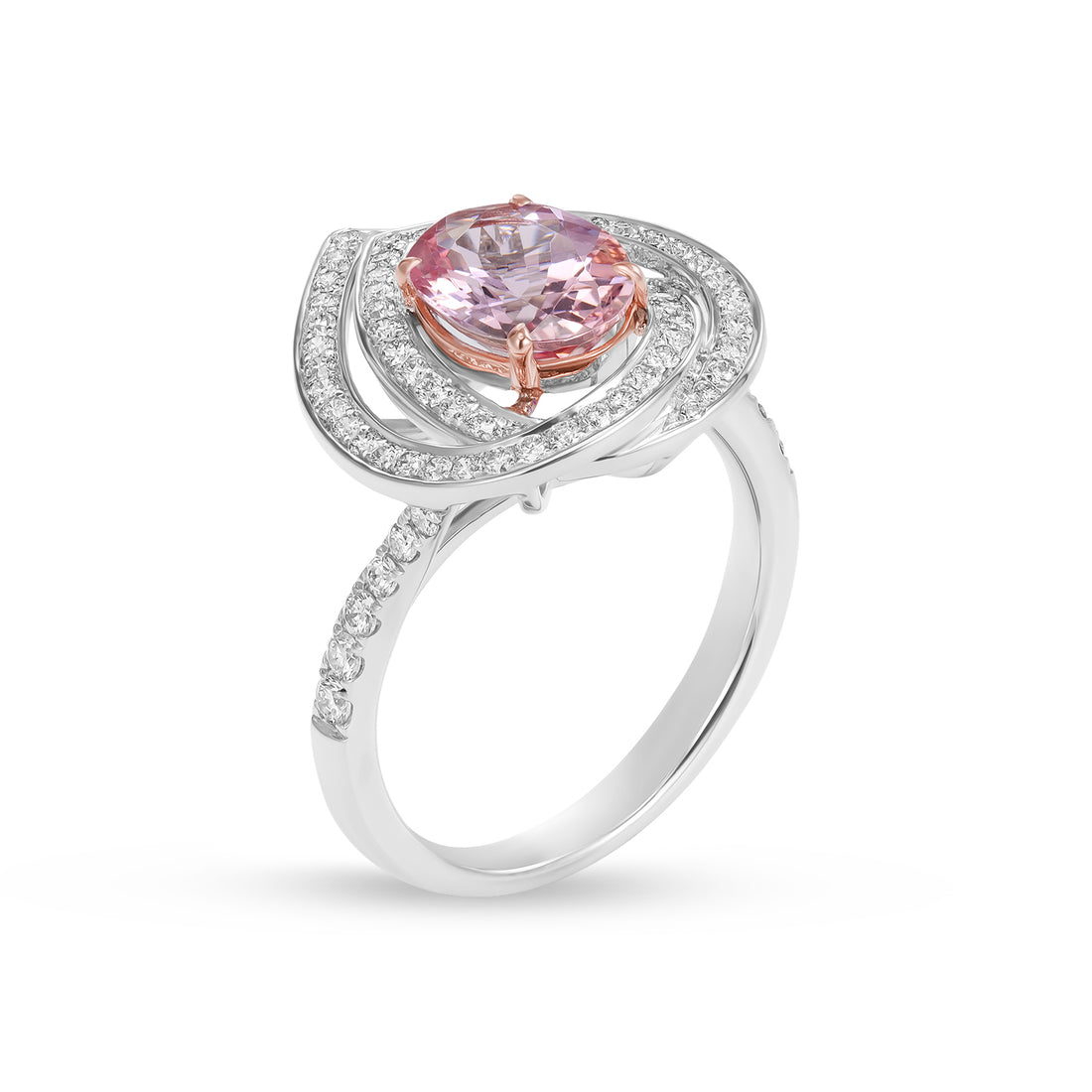 Silver ring with a pink gemstone on a white background