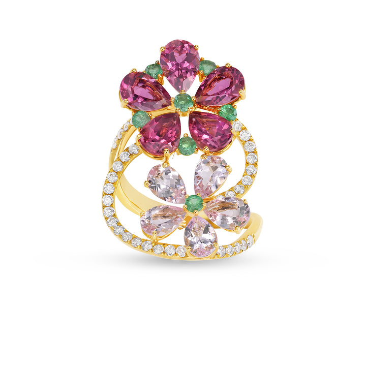 Floral Multi-Stone Cocktail Ring in 14K Yellow Gold with Tourmaline, Morganite, Emerald & Diamond Accents - Floral Multi-Stone Cocktail Ring in 14K Yellow Gold with Tourmaline, Morganite, Emerald & Diamond Accents