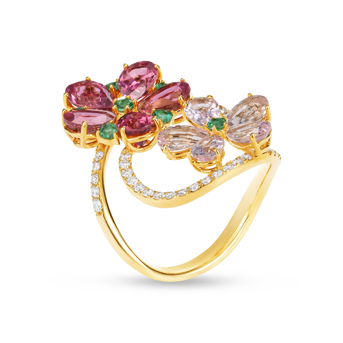 Floral Multi-Stone Cocktail Ring in 14K Yellow Gold with Tourmaline, Morganite, Emerald & Diamond Accents