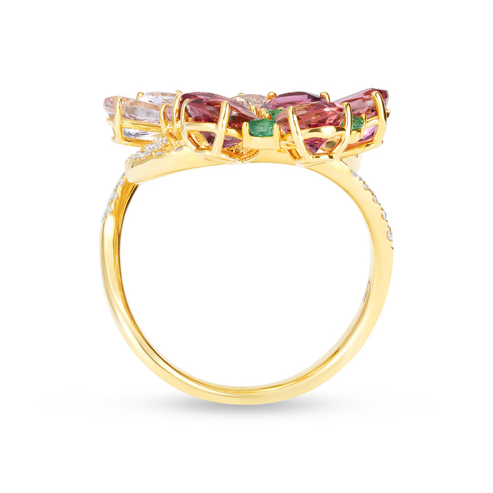 Floral Multi-Stone Cocktail Ring in 14K Yellow Gold with Tourmaline, Morganite, Emerald & Diamond Accents