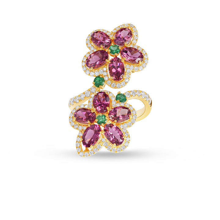 14K Yellow Gold Floral Cocktail Ring with Pear Cut Tourmaline, Emerald & Diamond Halo - 14K Yellow Gold Floral Cocktail Ring with Pear Cut Tourmaline, Emerald & Diamond Halo
