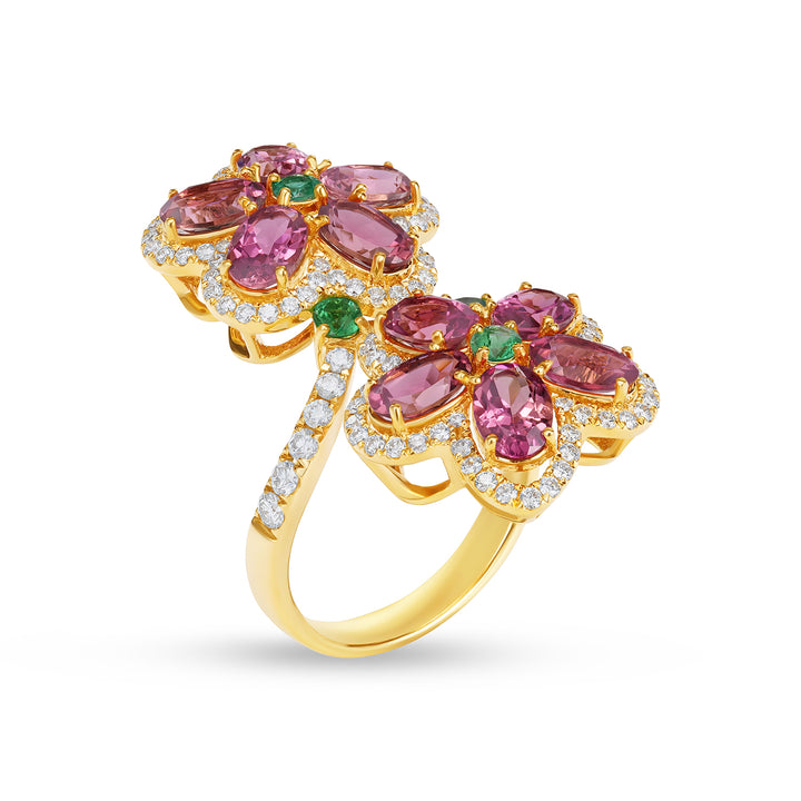 14K Yellow Gold Floral Cocktail Ring with Pear Cut Tourmaline, Emerald & Diamond Halo