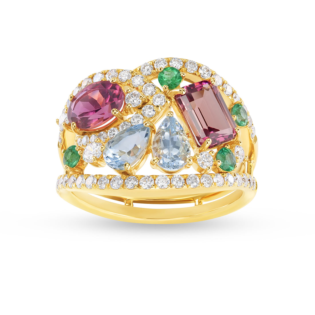 Natural Aquamarine, Tourmaline & Emerald Multi-Stone Diamond Cocktail Ring in 14K Yellow Gold