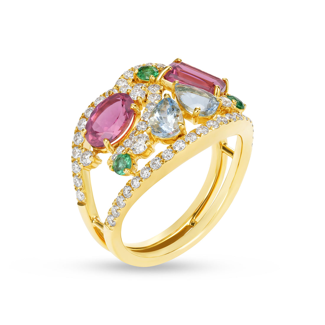 Natural Aquamarine, Tourmaline & Emerald Multi-Stone Diamond Cocktail Ring in 14K Yellow Gold
