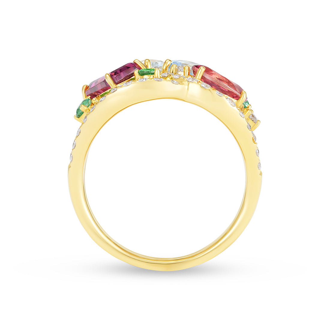 Natural Aquamarine, Tourmaline & Emerald Multi-Stone Diamond Cocktail Ring in 14K Yellow Gold