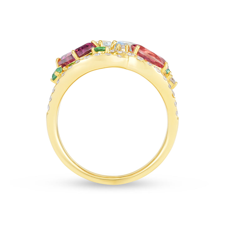 Natural Aquamarine, Tourmaline & Emerald Multi-Stone Diamond Cocktail Ring in 14K Yellow Gold