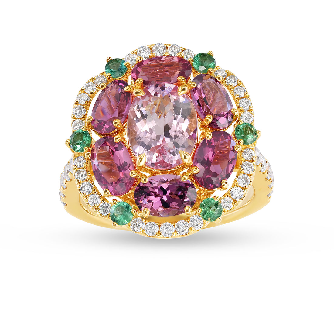 14K Yellow Gold Morganite, Tourmaline, Emerald & Diamond Cocktail Ring for Women