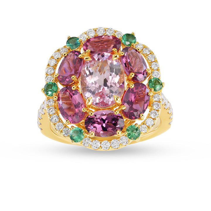 14K Yellow Gold Morganite, Tourmaline, Emerald & Diamond Cocktail Ring for Women - 14K Yellow Gold Morganite, Tourmaline, Emerald & Diamond Cocktail Ring for Women