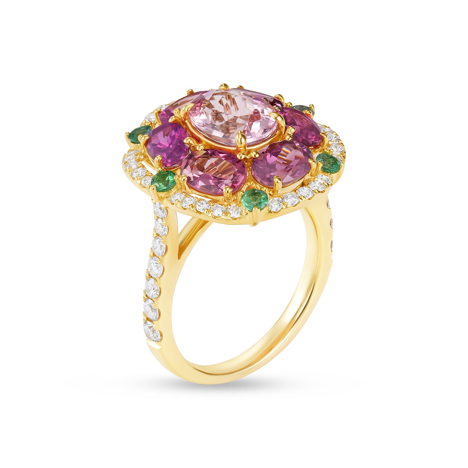 14K Yellow Gold Morganite, Tourmaline, Emerald & Diamond Cocktail Ring for Women