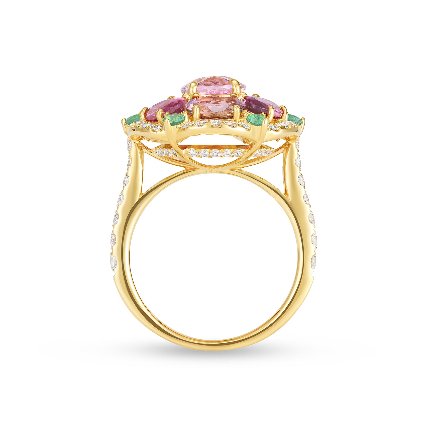 14K Yellow Gold Morganite, Tourmaline, Emerald & Diamond Cocktail Ring for Women