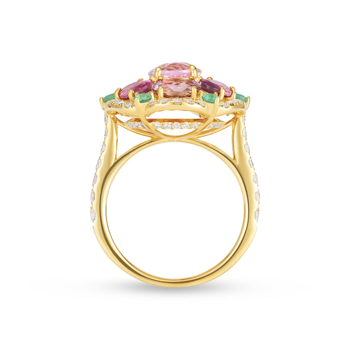14K Yellow Gold Morganite, Tourmaline, Emerald & Diamond Cocktail Ring for Women