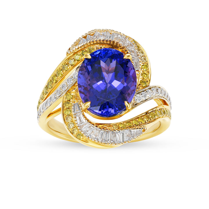 Oval Tanzanite & Diamond Swirl Cocktail Ring in 14K Yellow Gold - Oval Tanzanite & Diamond Swirl Cocktail Ring in 14K Yellow Gold
