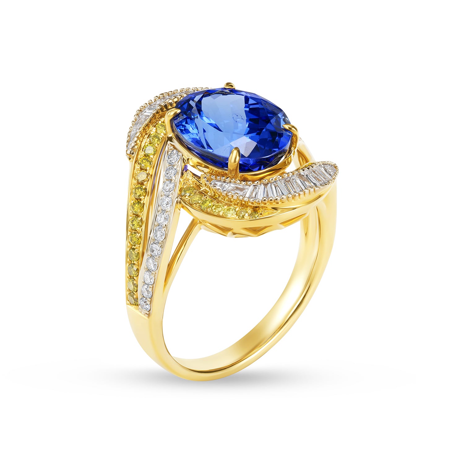 Oval Tanzanite & Diamond Swirl Cocktail Ring in 14K Yellow Gold