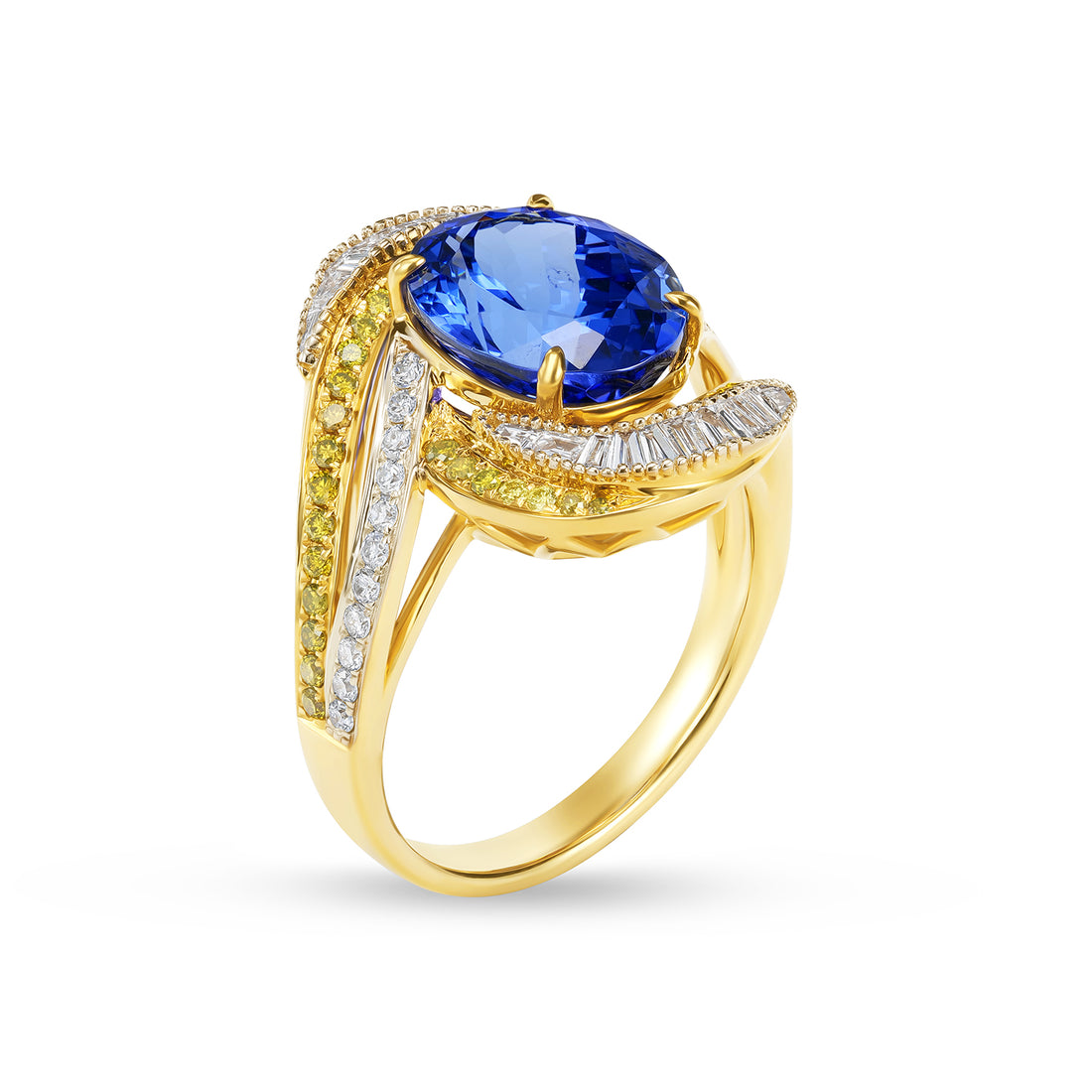 Oval Tanzanite & Diamond Swirl Cocktail Ring in 14K Yellow Gold