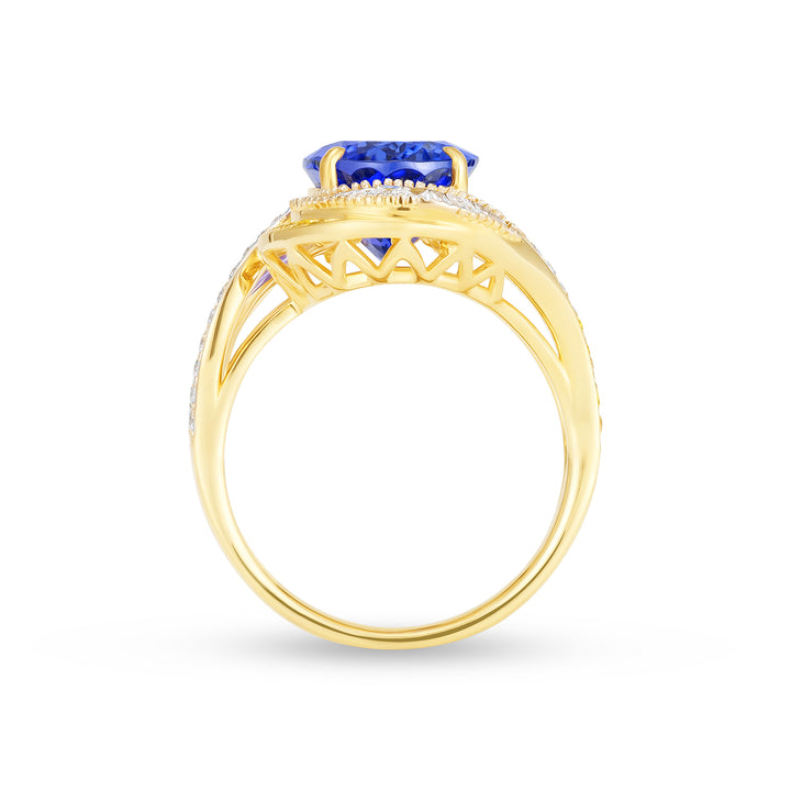 Oval Tanzanite & Diamond Swirl Cocktail Ring in 14K Yellow Gold