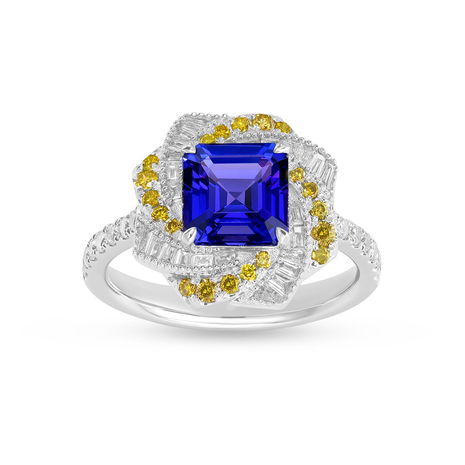 Asscher Cut Tanzanite Swirl Halo Cocktail Ring with Yellow & White Diamonds in 14K White Gold