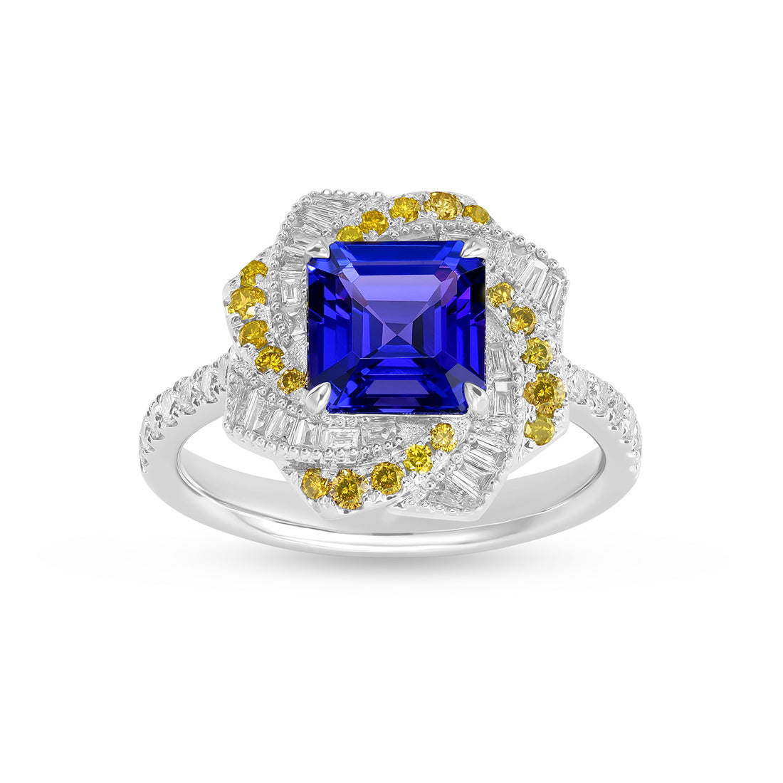 Asscher Cut Tanzanite Swirl Halo Cocktail Ring with Yellow & White Diamonds in 14K White Gold