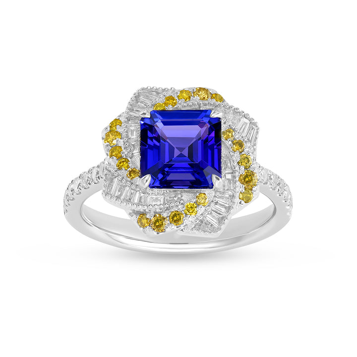 Asscher Cut Tanzanite Swirl Halo Cocktail Ring with Yellow & White Diamonds in 14K White Gold - Asscher Cut Tanzanite Swirl Halo Cocktail Ring with Yellow & White Diamonds in 14K White Gold