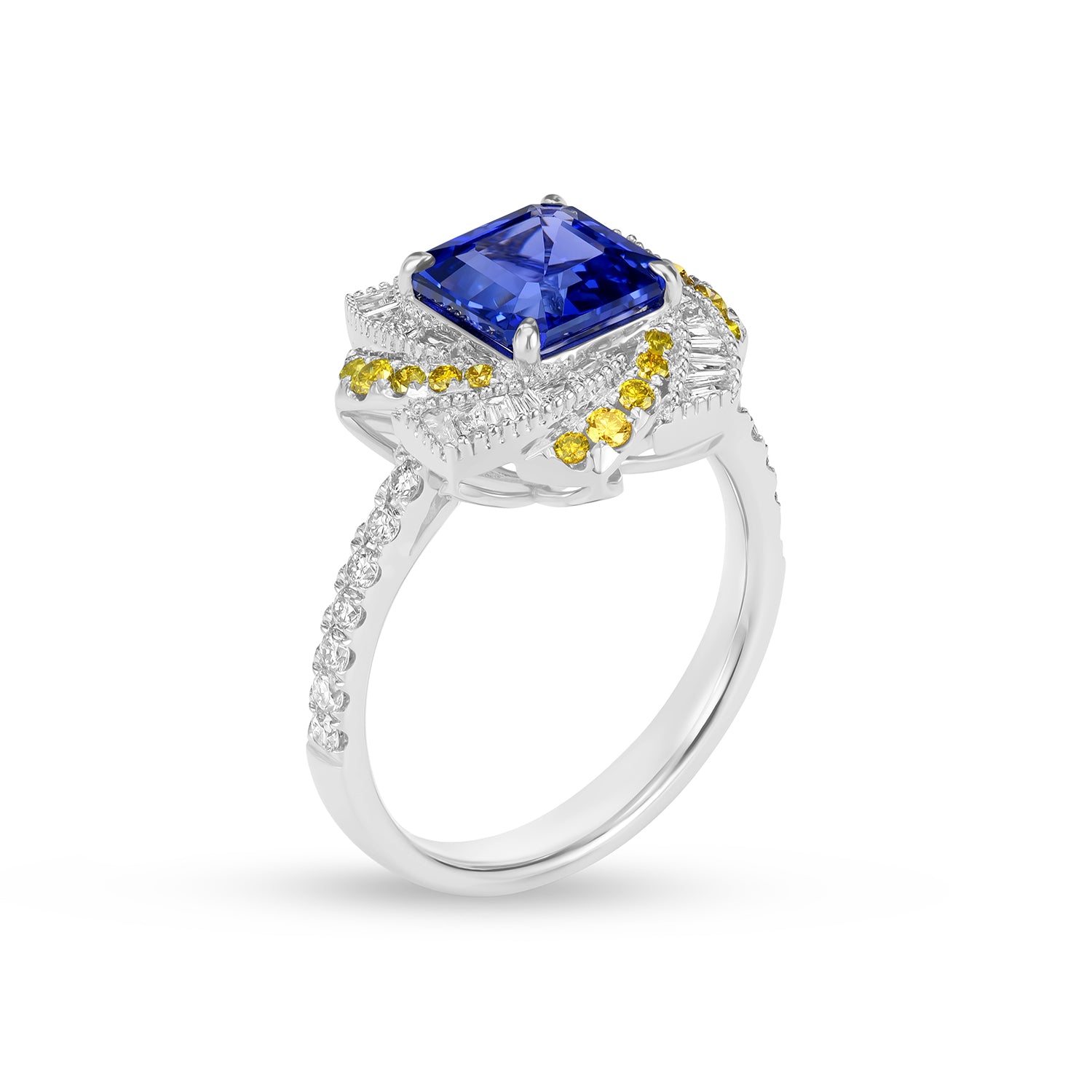 Asscher Cut Tanzanite Swirl Halo Cocktail Ring with Yellow & White Diamonds in 14K White Gold