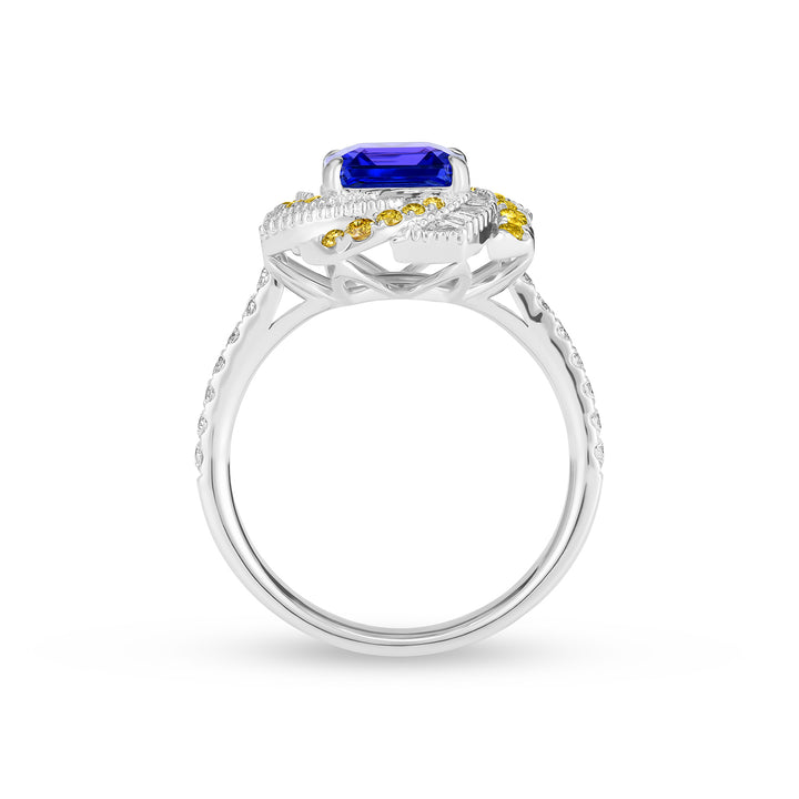 Asscher Cut Tanzanite Swirl Halo Cocktail Ring with Yellow & White Diamonds in 14K White Gold