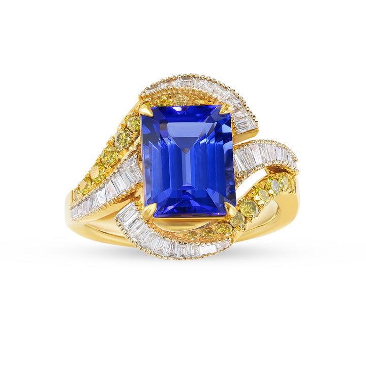 Emerald Cut Tanzanite & Diamond Cocktail Ring in 14K Yellow Gold - Emerald Cut Tanzanite & Diamond Cocktail Ring in 14K Yellow Gold