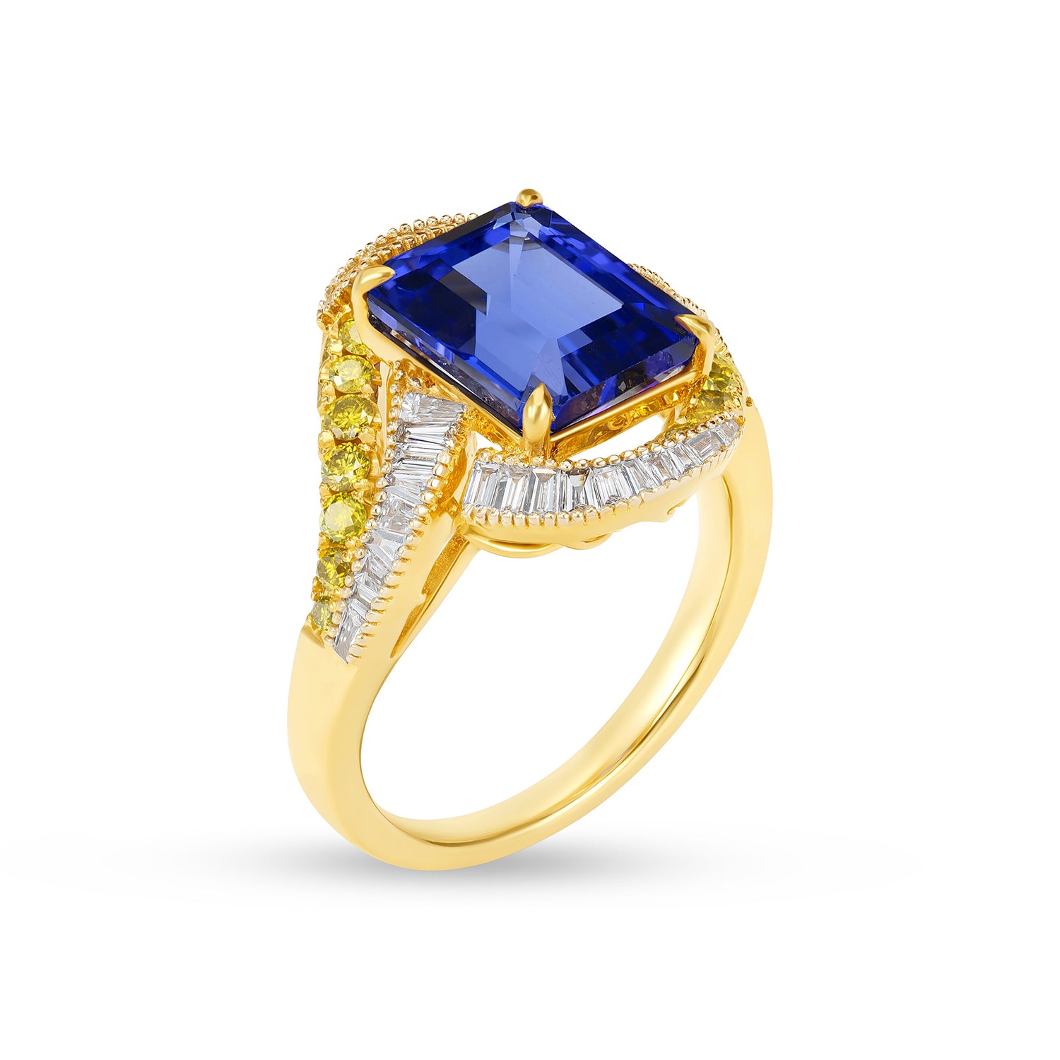 Emerald Cut Tanzanite & Diamond Cocktail Ring in 14K Yellow Gold