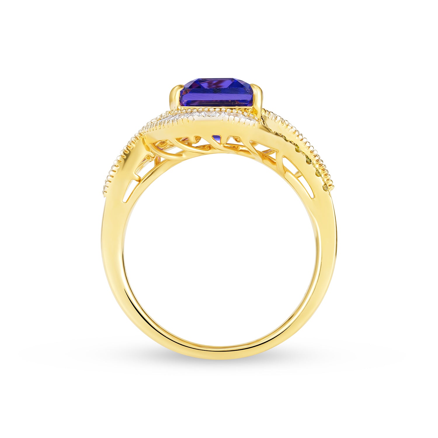 Emerald Cut Tanzanite & Diamond Cocktail Ring in 14K Yellow Gold
