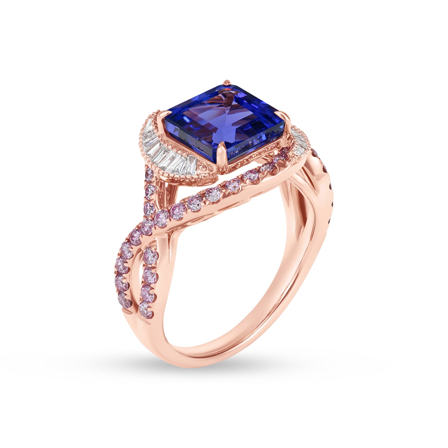Natural Square Emerald Cut Tanzanite & Diamond Criss-Cross Halo Ring in 14K Rose Gold