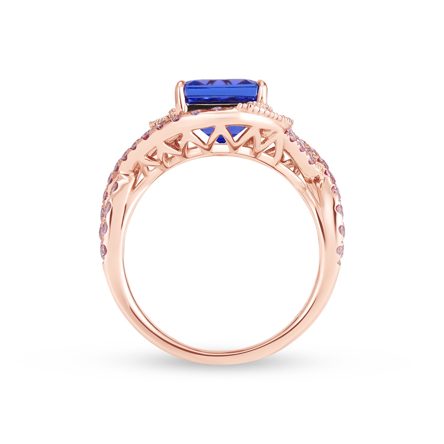 Natural Square Emerald Cut Tanzanite & Diamond Criss-Cross Halo Ring in 14K Rose Gold