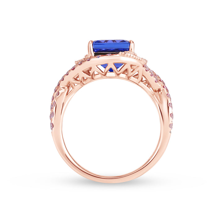 Natural Square Emerald Cut Tanzanite & Diamond Criss-Cross Halo Ring in 14K Rose Gold