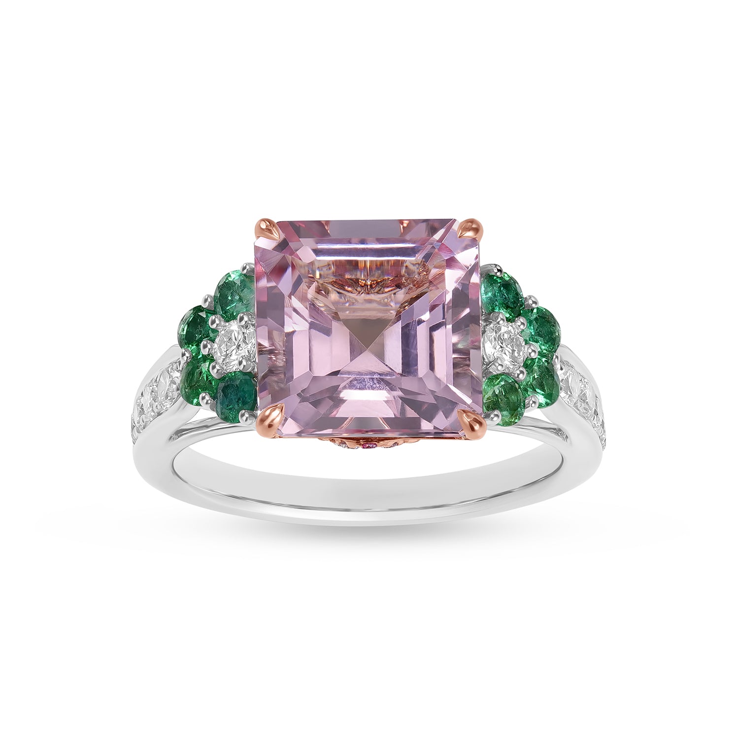 Emerald Cut Morganite, Emerald & Diamond Two-Tone Gold Statement Ring