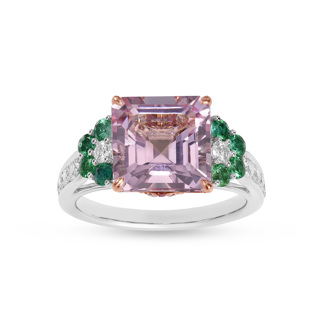 Emerald Cut Morganite, Emerald & Diamond Two-Tone Gold Statement Ring